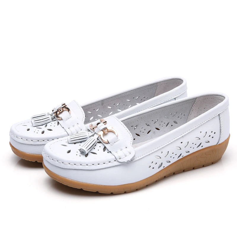 Women Wedge Flats Genuine Leather Slip On Loafers Moccasins Casual Shoes Luxury Brand Designs Big Size 41 42 43