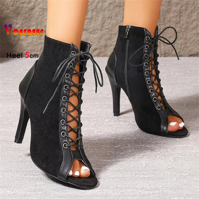 Jazz Latin Dance Boots Women's 5CM 7CM 10CM Thin High Heels 2025 New Plus Size Summer Black Lace-up Sexy Short Boots For Woman