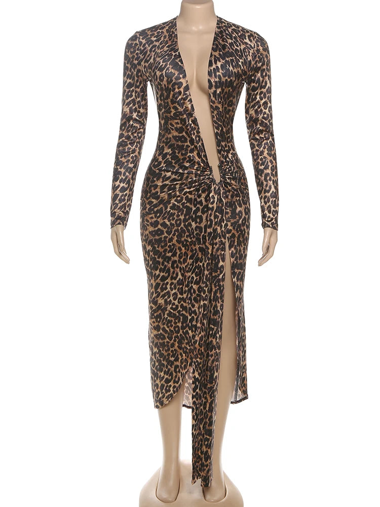 Weird Puss Leopard Print Women Dress Y2K Sexy Deep V-Neck Ruched Ribbon Skinny High Split Nightclub Party Fall Hipster Vestidos
