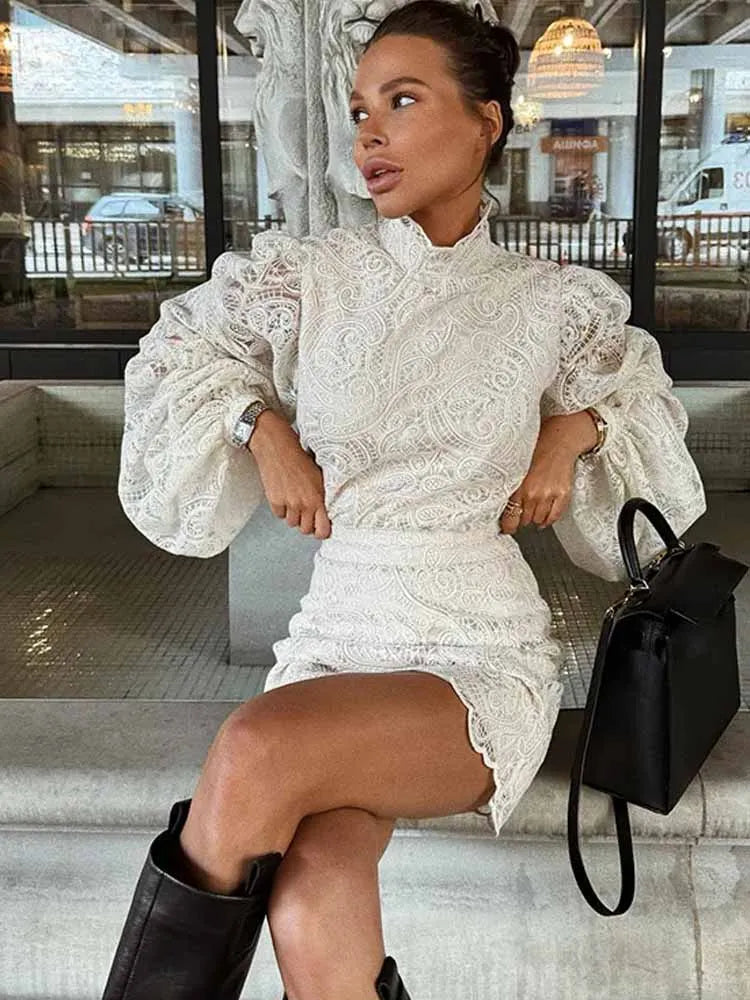 Lace Elegant Skirt Two Piece Set Women Turtleneck Hollow Out Lantern Sleeve Tops Irregular Hem Mini Skirt 2025 Chic Party Suit