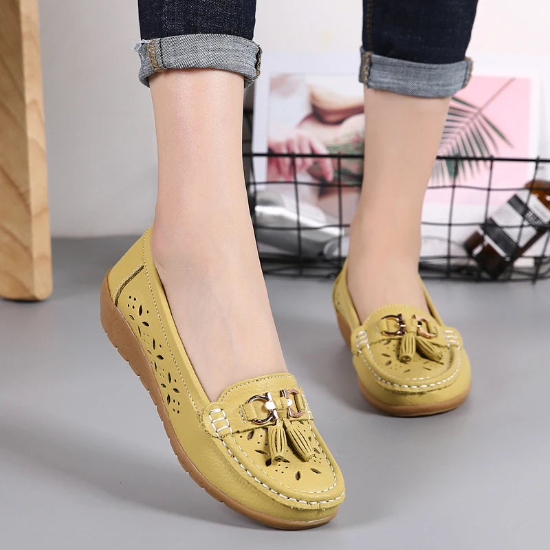 Women Wedge Flats Genuine Leather Slip On Loafers Moccasins Casual Shoes Luxury Brand Designs Big Size 41 42 43