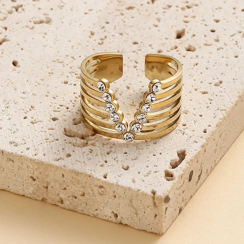 Geometric Zircon Rings For Women Gold Color Stainless Steel Flower Heart Hollow Multilayer Adjustable Open Rings Jewelry Gifts
