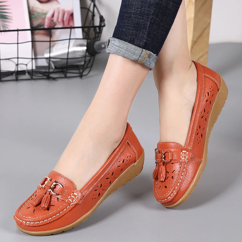 Women Wedge Flats Genuine Leather Slip On Loafers Moccasins Casual Shoes Luxury Brand Designs Big Size 41 42 43
