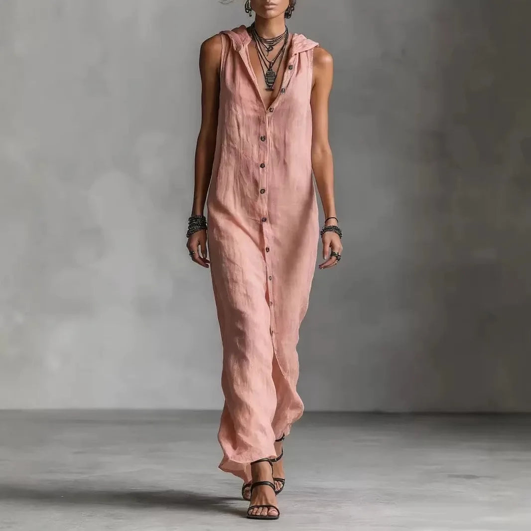Women Dresses 2026 New summer solid color button open stitch sleeveless long dresses women's clothing vestidoes