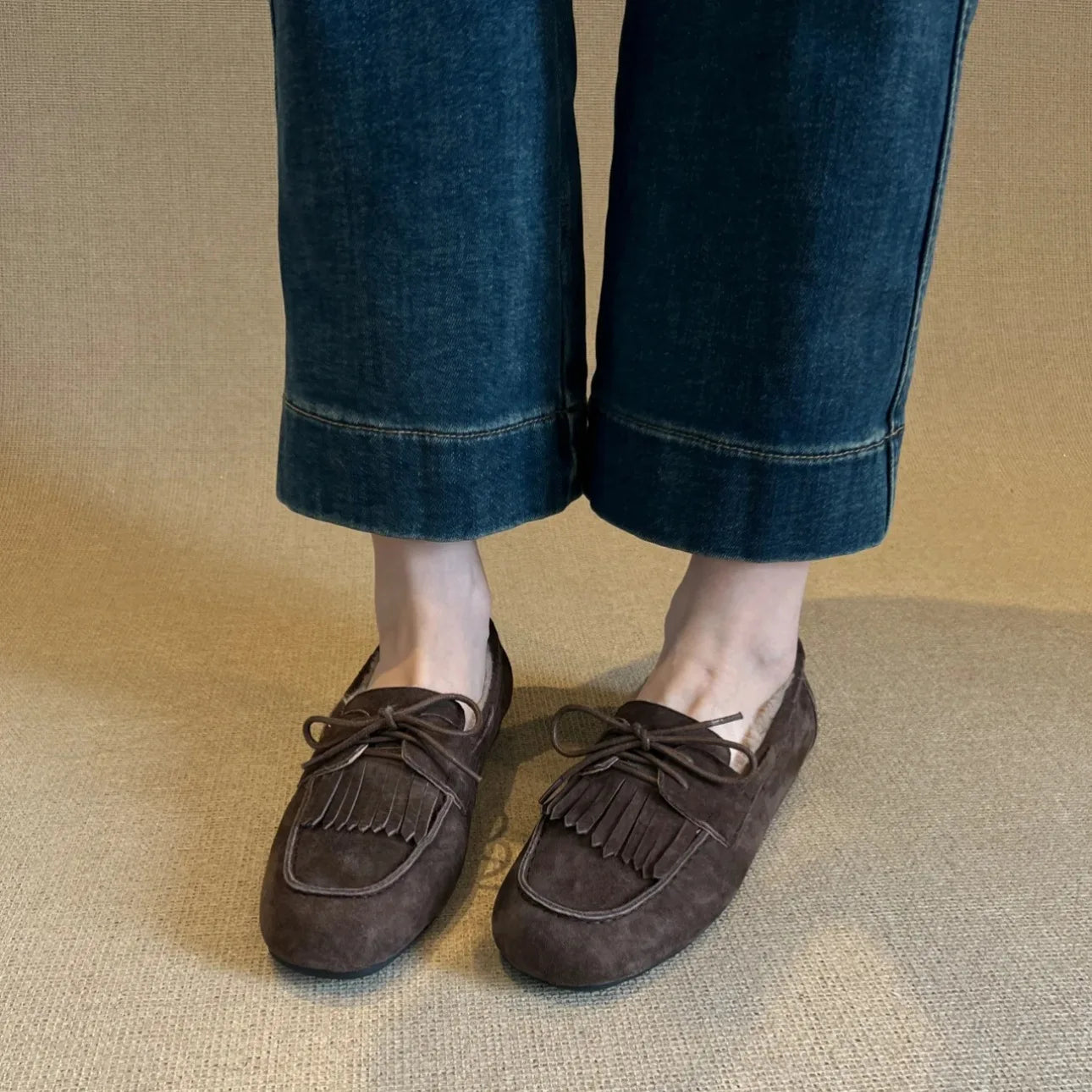 One-pedal Velvet Beanie Shoes Women's Matte Fringed Lace-up Round Head Flat-soled Loafers Traf Chaussures Femmes Zara Sneakers