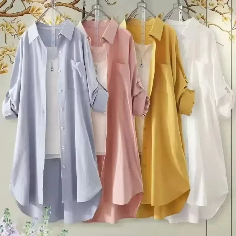 Plus Size Women Tops Blouses Loose Breathable Midi clothing Korean Casual Shirts Women Simple Solid Female Long Sleeved Blouses