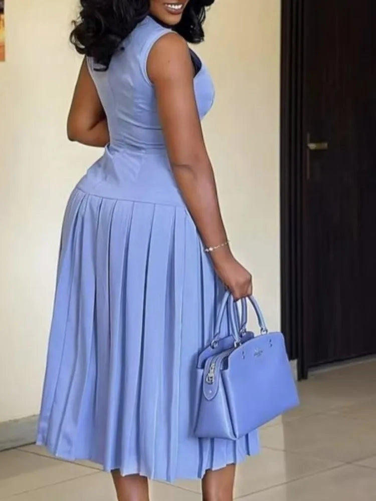 Women's Elegant Party Long Dress Summer Fashion Solid Color Sleeveless Slimming High Waist Pleated A-line Dress Ropa Para Mujer