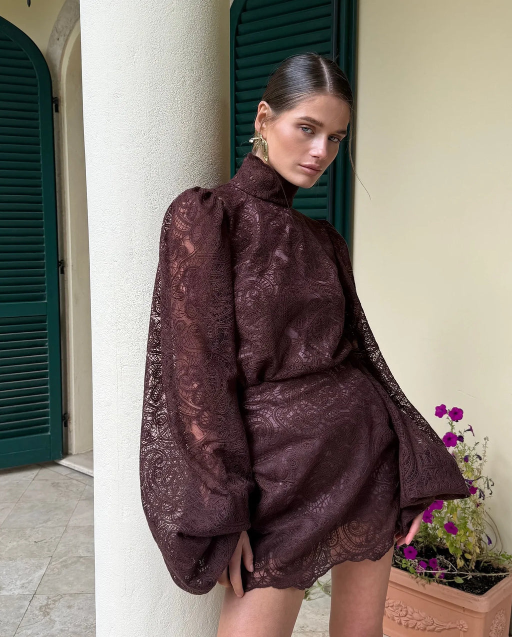 Lace Elegant Skirt Two Piece Set Women Turtleneck Hollow Out Lantern Sleeve Tops Irregular Hem Mini Skirt 2025 Chic Party Suit
