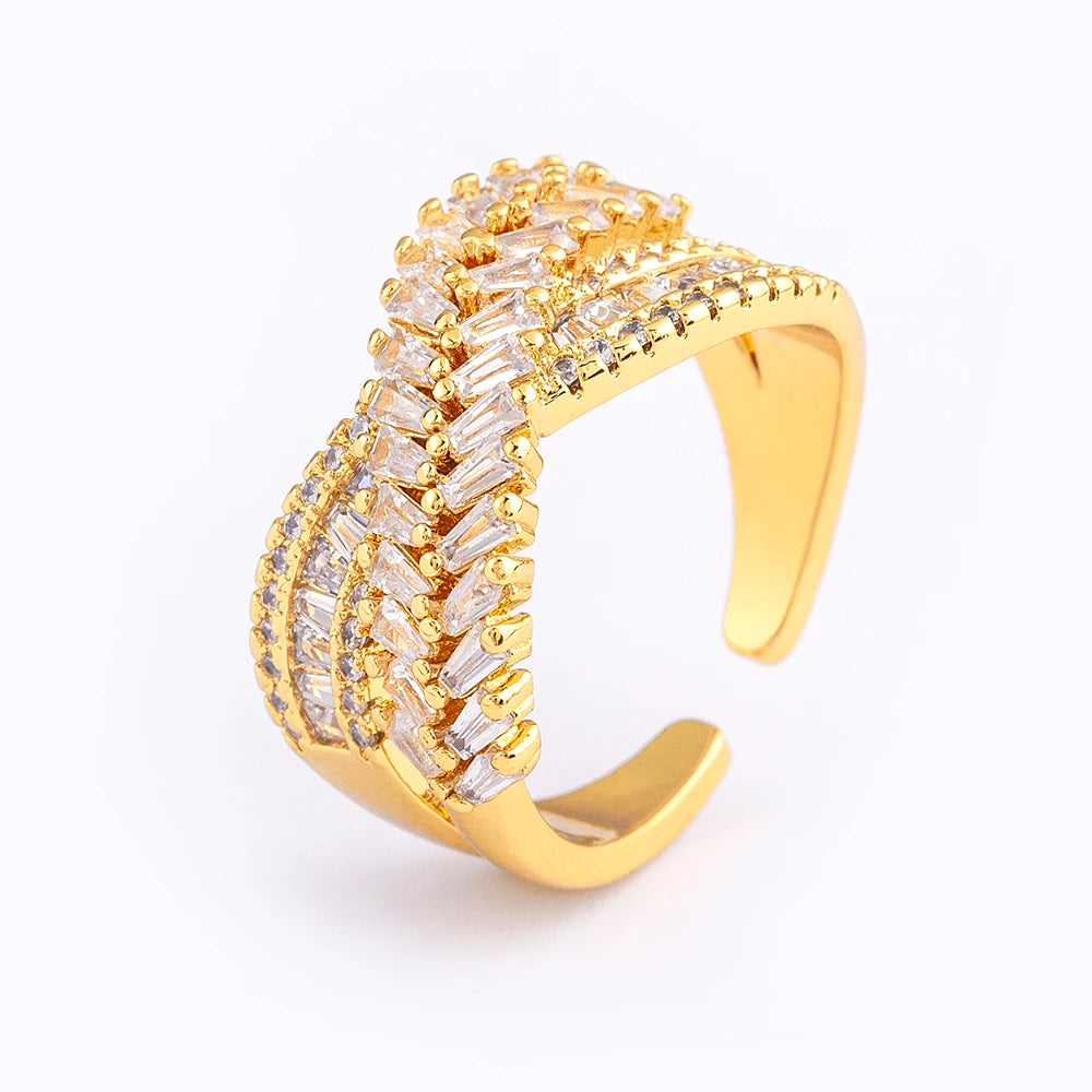 Nidin New Trendy Crystal Double Deck Cross Rings Charm Cubic Zirconia Intersect Opening Adjustable Finger Ring Jewelry Gift
