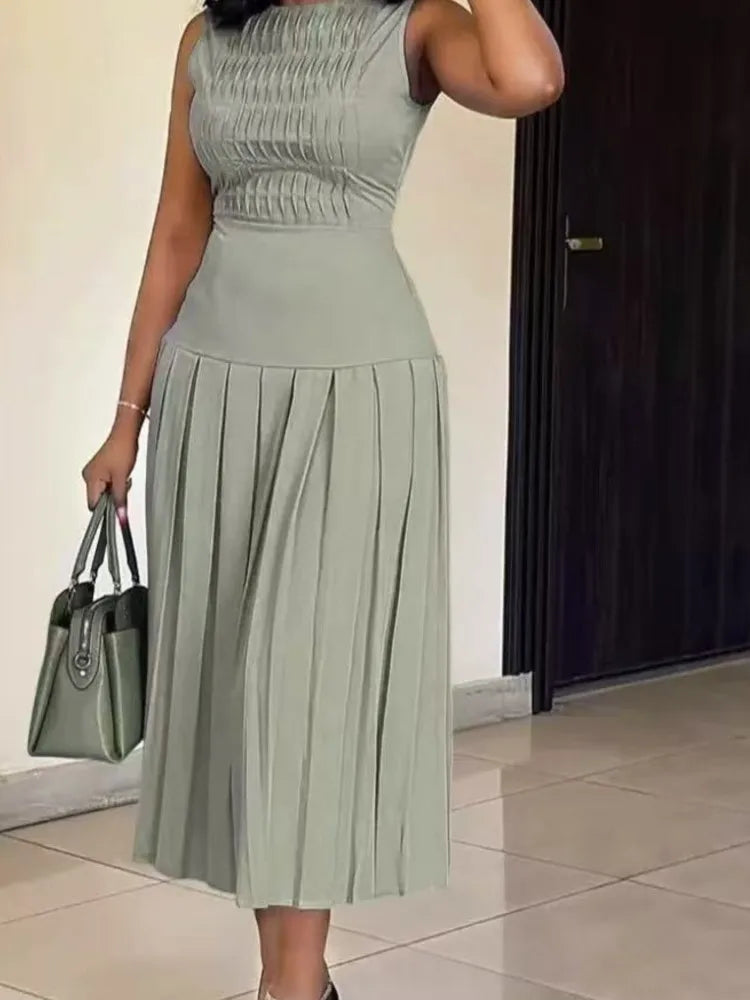 Women's Elegant Party Long Dress Summer Fashion Solid Color Sleeveless Slimming High Waist Pleated A-line Dress Ropa Para Mujer