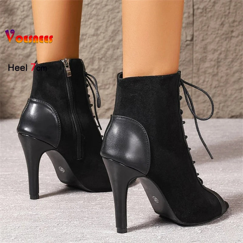 Jazz Latin Dance Boots Women's 5CM 7CM 10CM Thin High Heels 2025 New Plus Size Summer Black Lace-up Sexy Short Boots For Woman