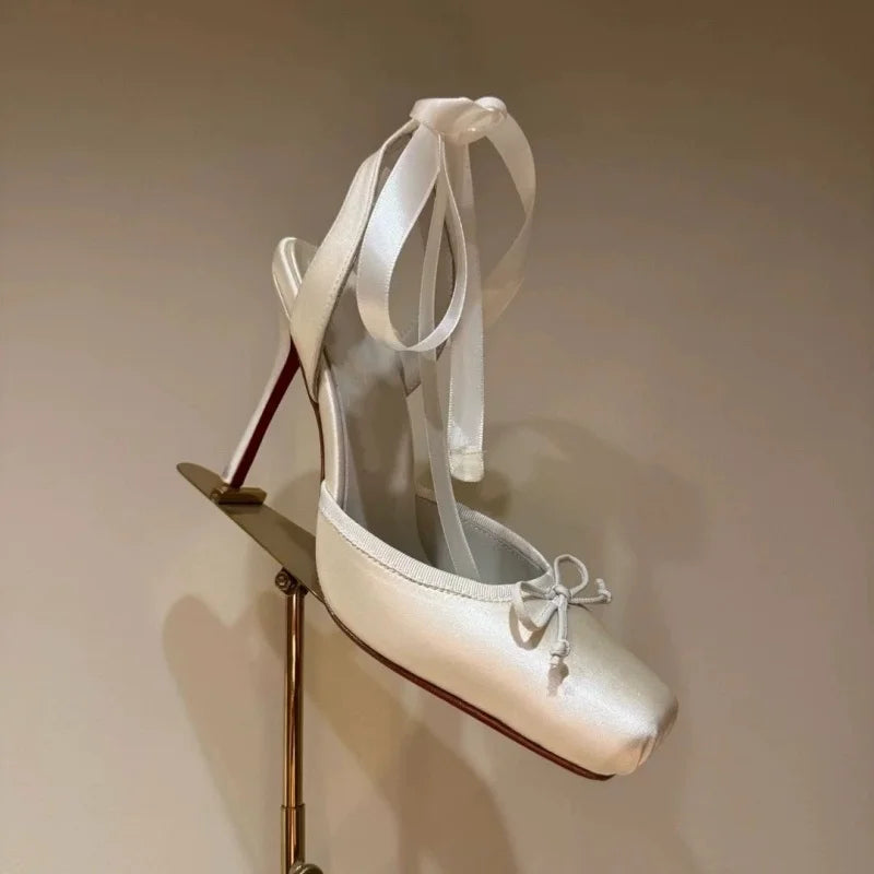 Luxury Design Woman Sandals 2026 Summer High Quality Square Satin High-heeled Female Shoes With Ankle Straps Wedding Flip Flops