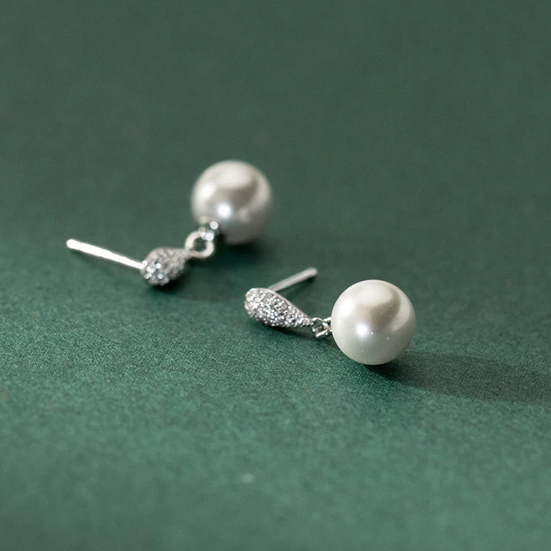 INZATT Real 925 Sterling Silver Full Zircon Water Drop Pearl Pendant Stud Earrings for Women OL Fine Jewelry Luxury Accessories