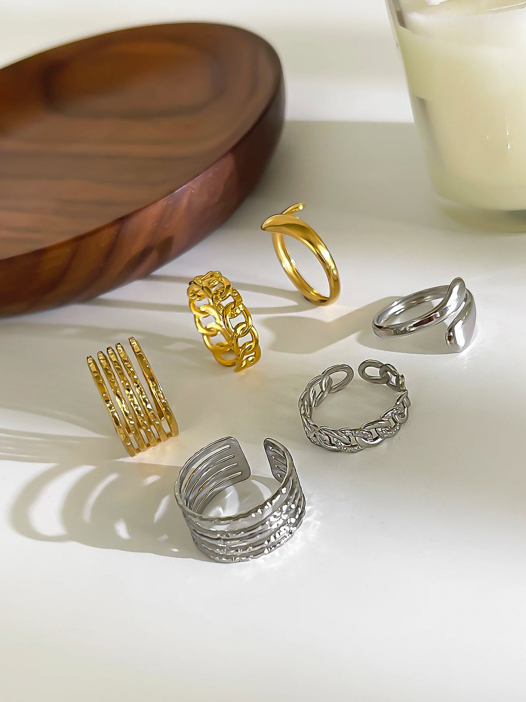 Peri'sbox 3pcs Stainless Steel Waterproof Women Rings Multi-layer Metal Texture Geometric Chain Open Ring Fashion Party Jewelry