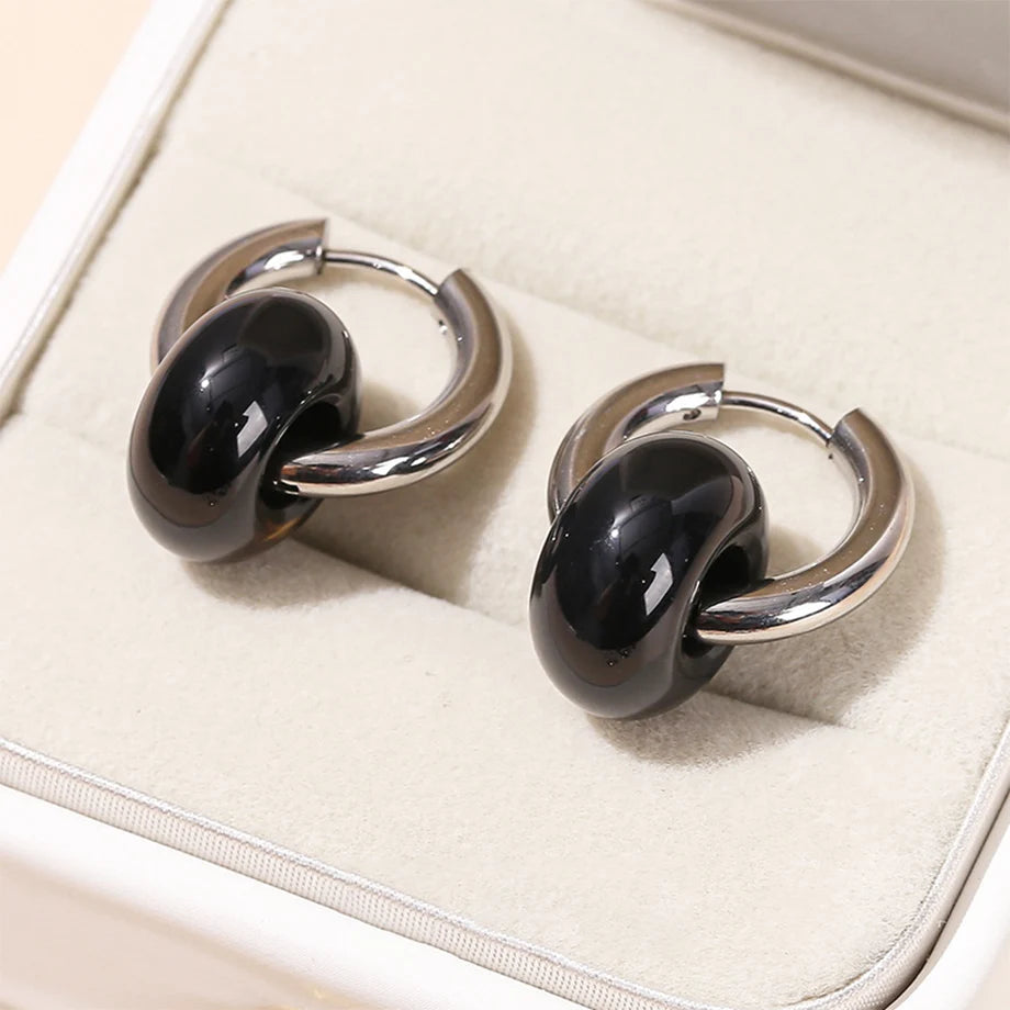 CSJA Natural Stone Earrings for Women Girl Pink Quartz Tiger eye Donut Huggies Stainless Steel Hoop Earring Jewelry Gift H443