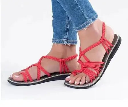 Large Size Rope Knot Summer Beach Flat Bottom Sandals Women's Shoes Wish Flat Sandals Open Toe Rubber Sole Ankle Strap
