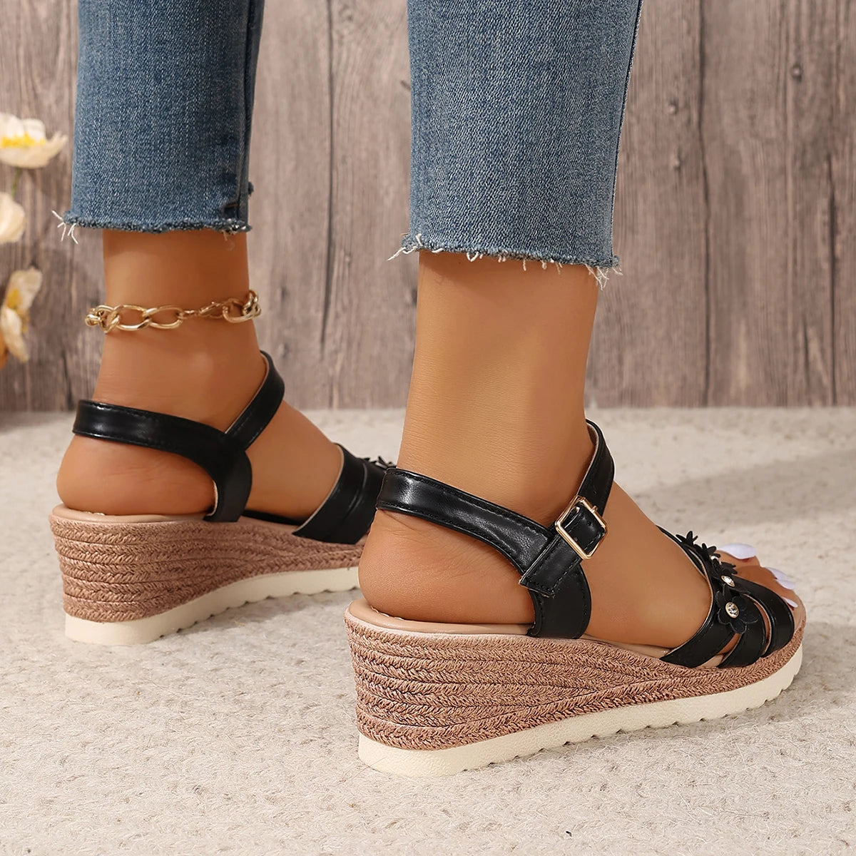 Women's Fashion Flowers Wedge Sandals Lightweight Ankle Strap Platform Sandals Women 2024 Summer Non Slip Beach Sandalias Mujer