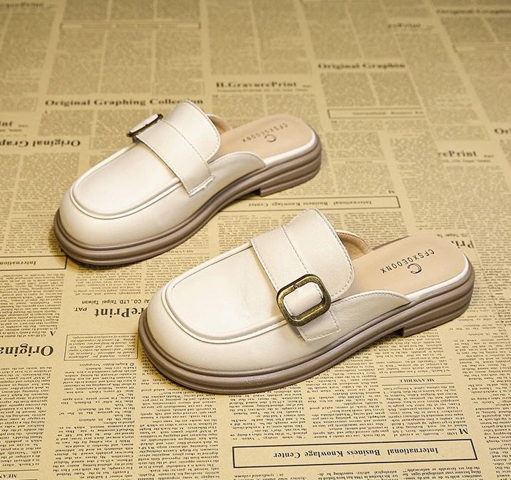 Leather Women's Slippers And Ladies Sandals Round Toe Mules Shoes Black Slides On Promotion Youthful Emo Sale Easy Wears Eva 39