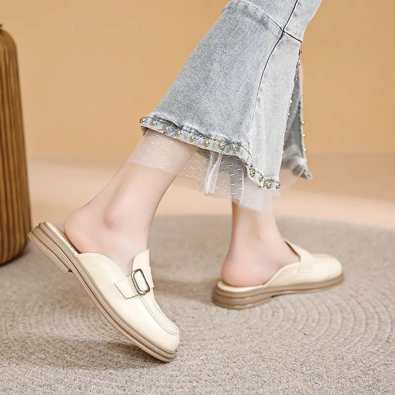 Leather Women's Slippers And Ladies Sandals Round Toe Mules Shoes Black Slides On Promotion Youthful Emo Sale Easy Wears Eva 39