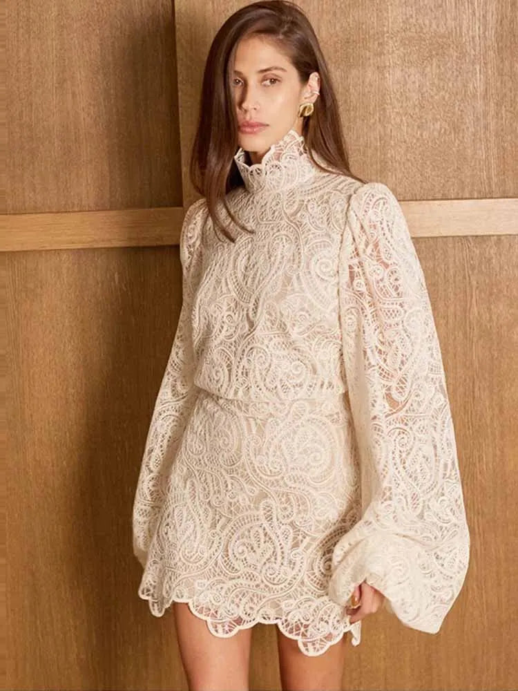 Lace Elegant Skirt Two Piece Set Women Turtleneck Hollow Out Lantern Sleeve Tops Irregular Hem Mini Skirt 2025 Chic Party Suit