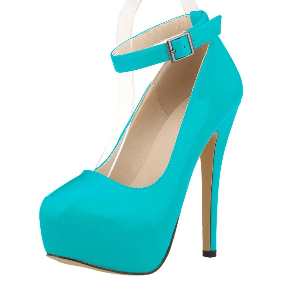 New Women Pumps 14cm Sexy Concise Buckle Supper High Heels Fashion Ankle Strap  Patent Leather Red Wedding Shoes Plus Size