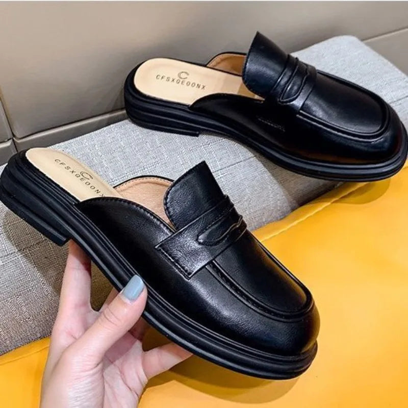 Leather Women's Slippers And Ladies Sandals Round Toe Mules Shoes Black Slides On Promotion Youthful Emo Sale Easy Wears Eva 39