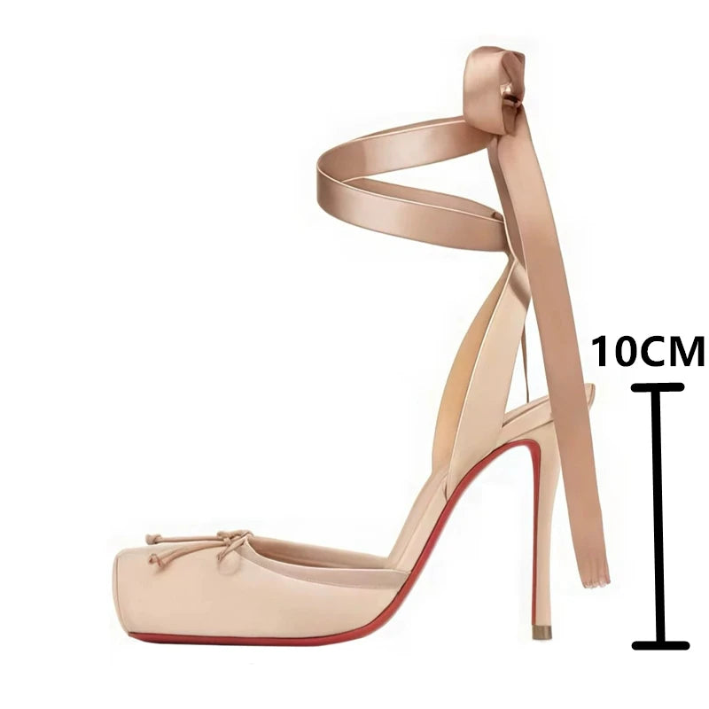 Luxury Design Woman Sandals 2026 Summer High Quality Square Satin High-heeled Female Shoes With Ankle Straps Wedding Flip Flops