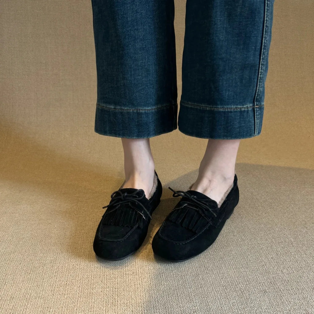 One-pedal Velvet Beanie Shoes Women's Matte Fringed Lace-up Round Head Flat-soled Loafers Traf Chaussures Femmes Zara Sneakers