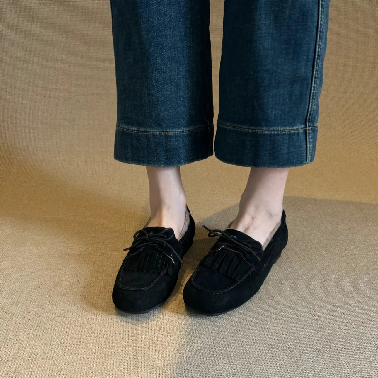 One-pedal Velvet Beanie Shoes Women's Matte Fringed Lace-up Round Head Flat-soled Loafers Traf Chaussures Femmes Zara Sneakers