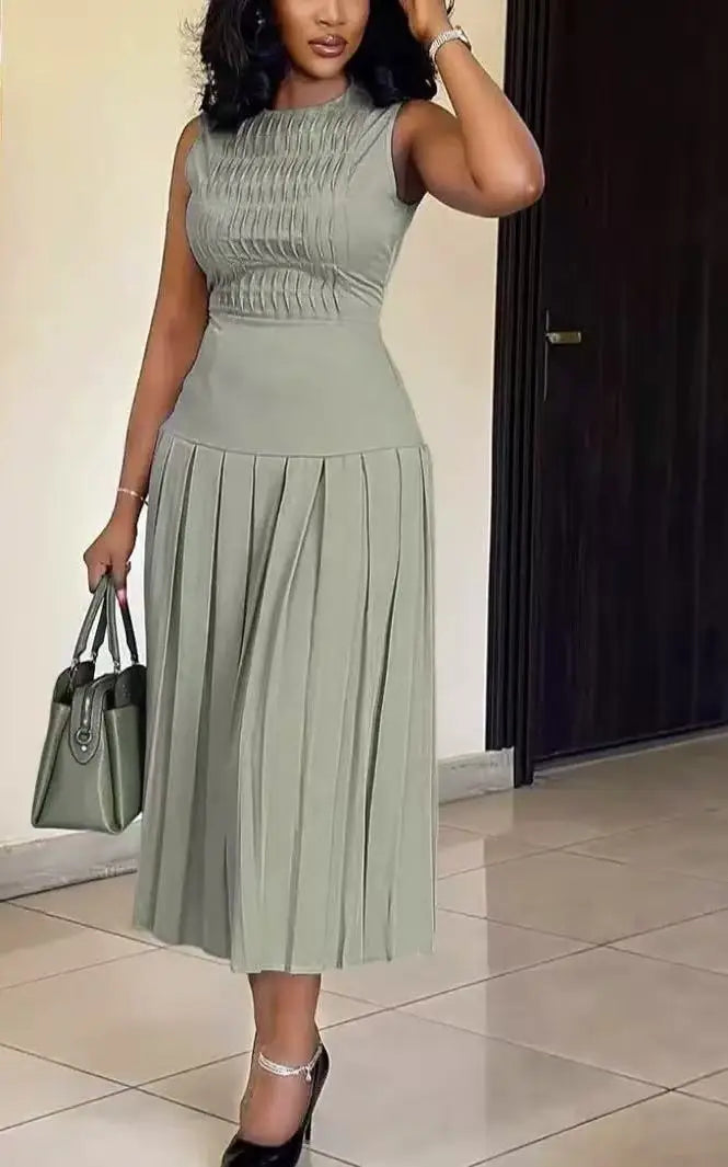 Women's Elegant Party Long Dress Summer Fashion Solid Color Sleeveless Slimming High Waist Pleated A-line Dress Ropa Para Mujer