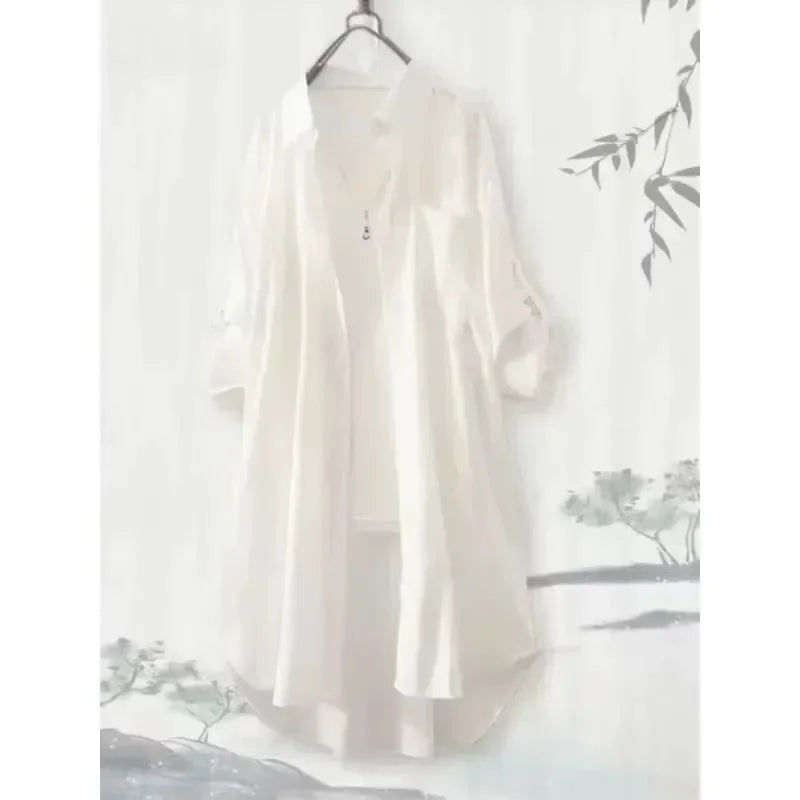 Plus Size Women Tops Blouses Loose Breathable Midi clothing Korean Casual Shirts Women Simple Solid Female Long Sleeved Blouses