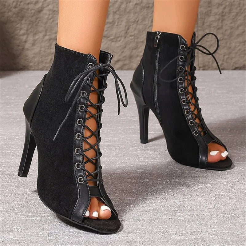Jazz Latin Dance Boots Women's 5CM 7CM 10CM Thin High Heels 2025 New Plus Size Summer Black Lace-up Sexy Short Boots For Woman