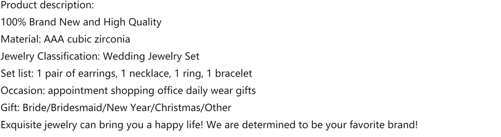 New 4-piece suit Cubic Zirconia Bride Jewelry Set Women's Party, Deluxe Dubai Crystal Wedding Jewelry Set