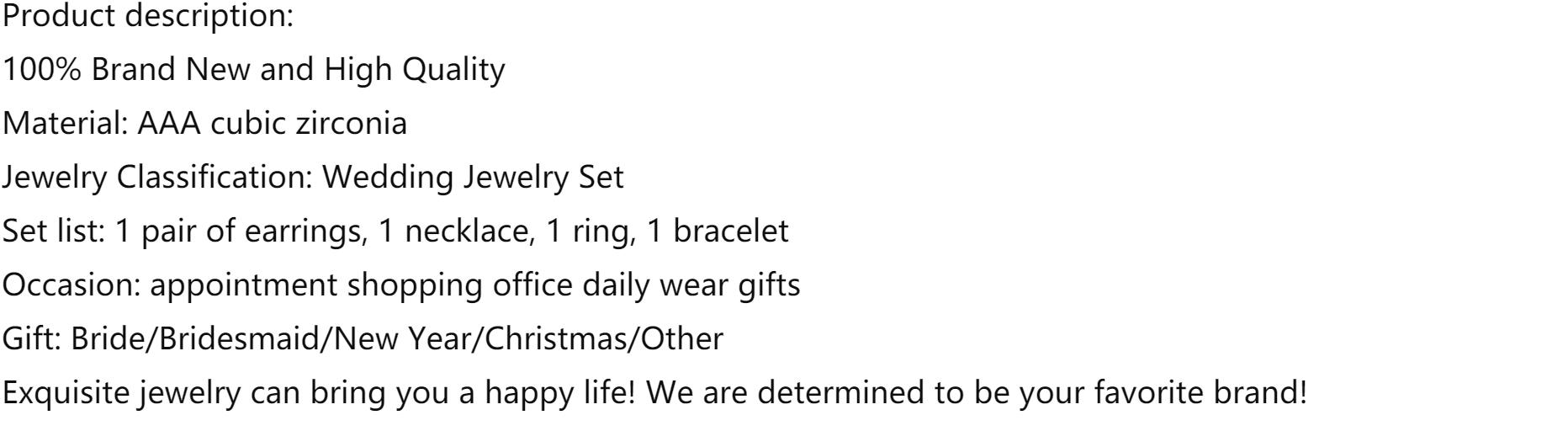 New 4-piece suit Cubic Zirconia Bride Jewelry Set Women's Party, Deluxe Dubai Crystal Wedding Jewelry Set