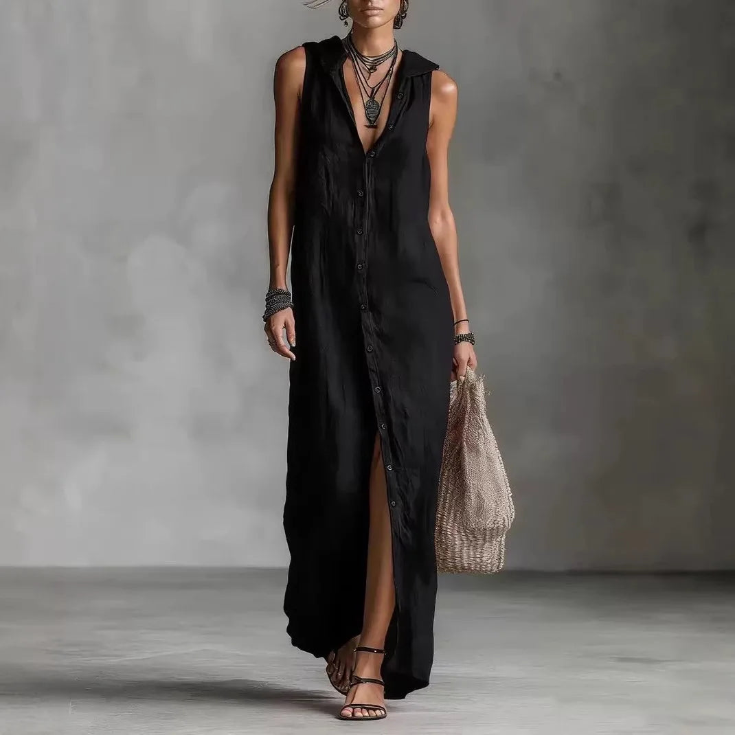 Women Dresses 2026 New summer solid color button open stitch sleeveless long dresses women's clothing vestidoes