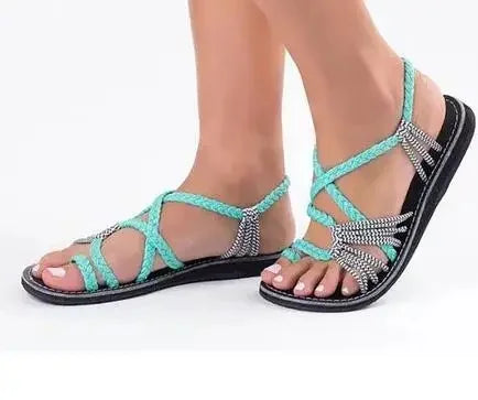 Large Size Rope Knot Summer Beach Flat Bottom Sandals Women's Shoes Wish Flat Sandals Open Toe Rubber Sole Ankle Strap