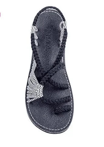 Large Size Rope Knot Summer Beach Flat Bottom Sandals Women's Shoes Wish Flat Sandals Open Toe Rubber Sole Ankle Strap