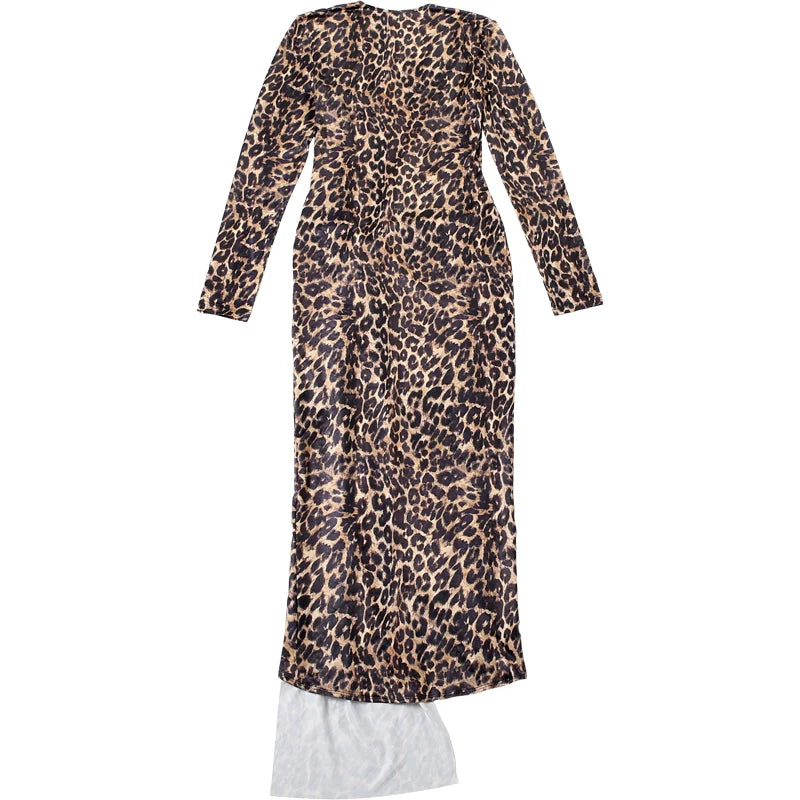 Weird Puss Leopard Print Women Dress Y2K Sexy Deep V-Neck Ruched Ribbon Skinny High Split Nightclub Party Fall Hipster Vestidos