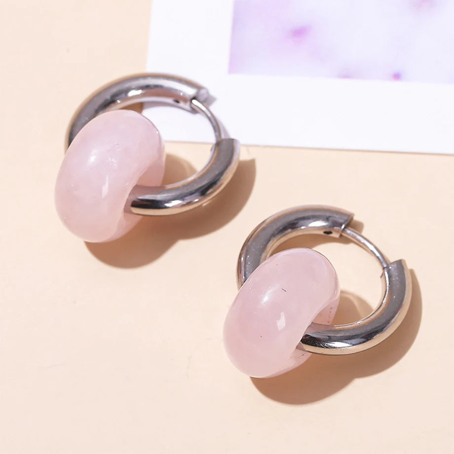 CSJA Natural Stone Earrings for Women Girl Pink Quartz Tiger eye Donut Huggies Stainless Steel Hoop Earring Jewelry Gift H443
