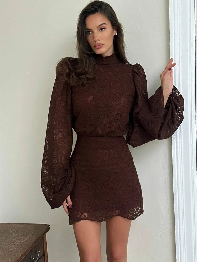 Lace Elegant Skirt Two Piece Set Women Turtleneck Hollow Out Lantern Sleeve Tops Irregular Hem Mini Skirt 2025 Chic Party Suit
