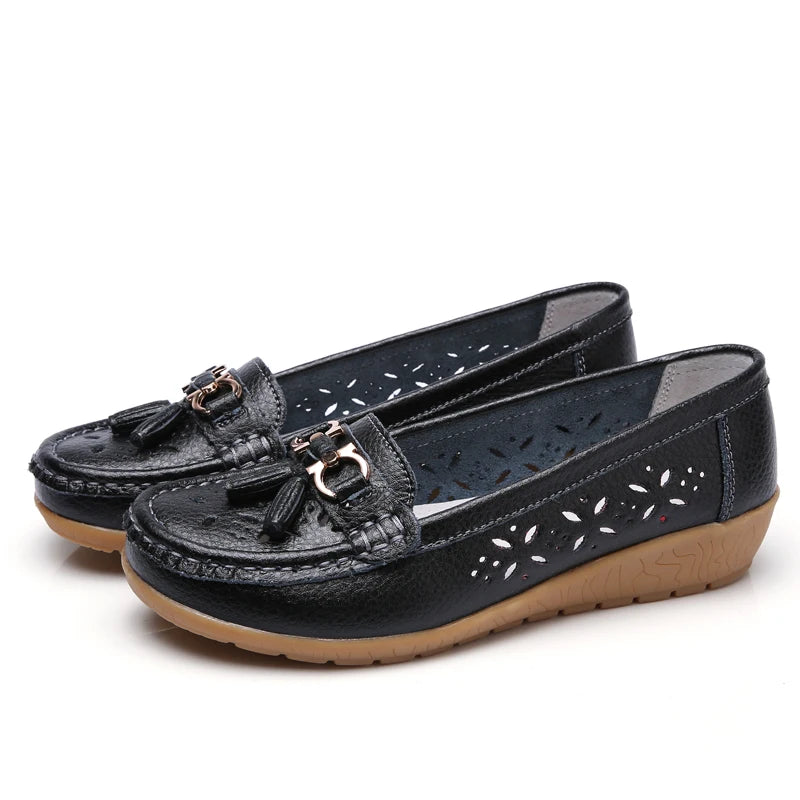 Women Wedge Flats Genuine Leather Slip On Loafers Moccasins Casual Shoes Luxury Brand Designs Big Size 41 42 43