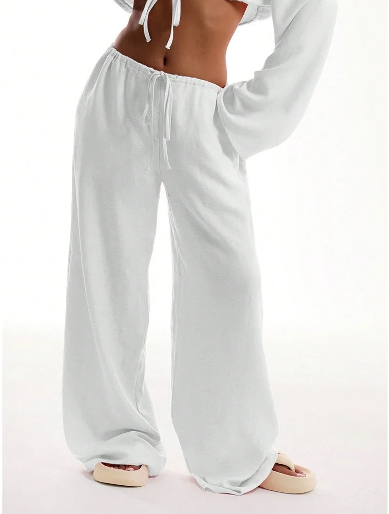 Wide Leg Pants Fashion Women Black Solid Loose Drawstring Baggy Pant 2026 New Spring Summer Casual Pocket High Waist Trousers