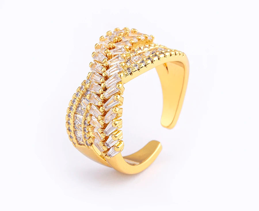Nidin New Trendy Crystal Double Deck Cross Rings Charm Cubic Zirconia Intersect Opening Adjustable Finger Ring Jewelry Gift