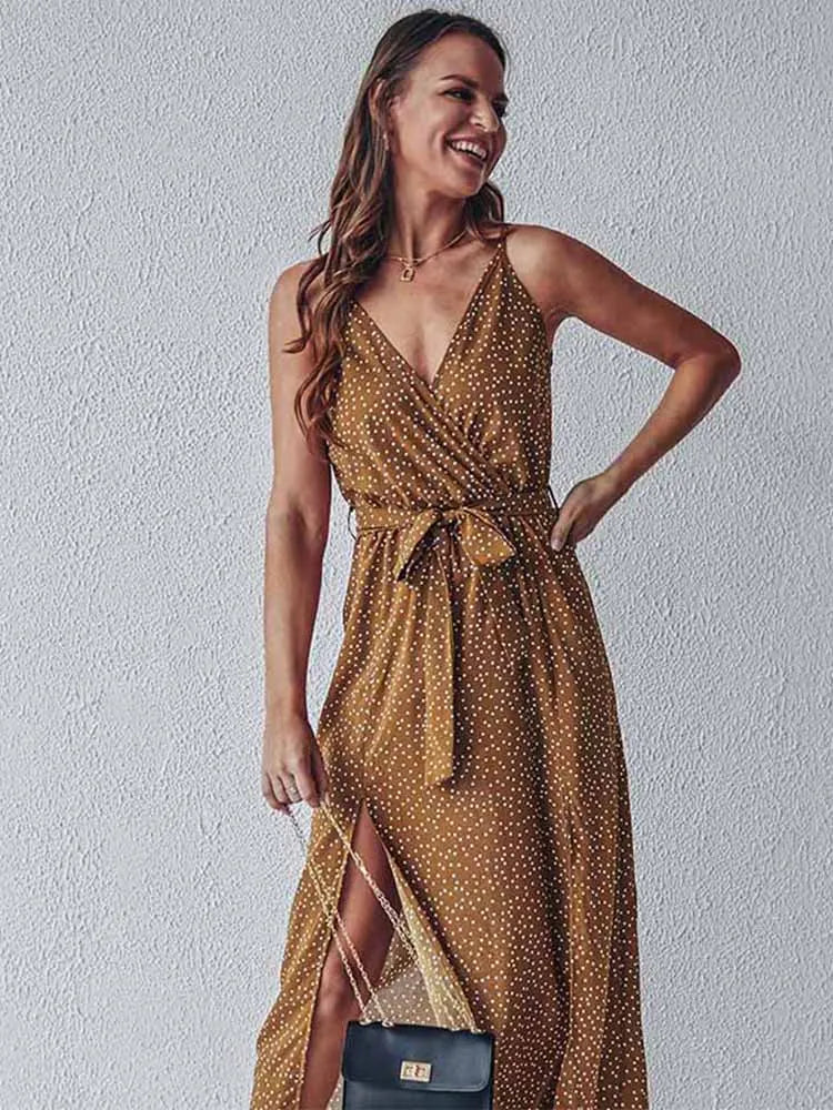 Summer Floral Print Long Dress Women Sexy Backless Bandage Slit Beach Sundresses Casual Elegant Black V Neck Sleeveless Dress