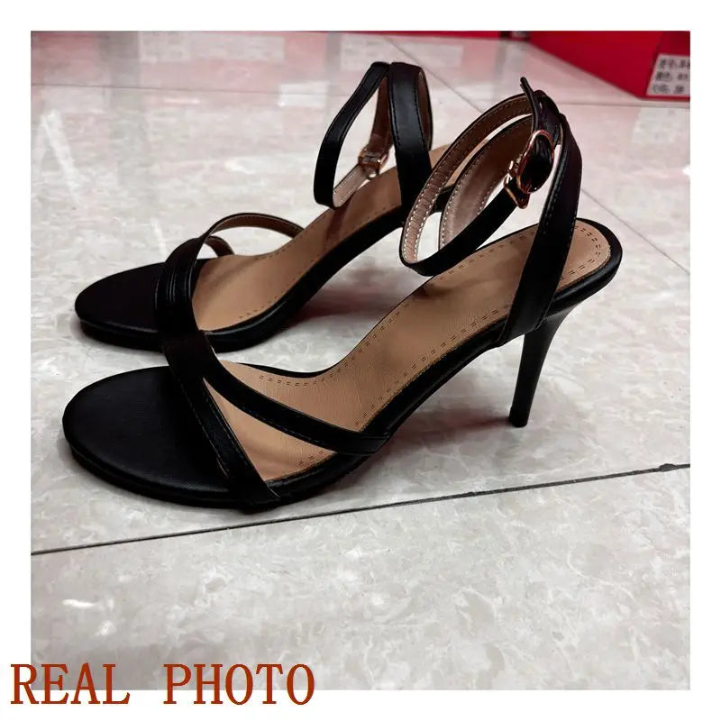 REAVE CAT Elegant Sandals Ankle Buckle Strap Narrow Open Toe 9.5cm Stiletto Heel Shoes US19 Black White A4245