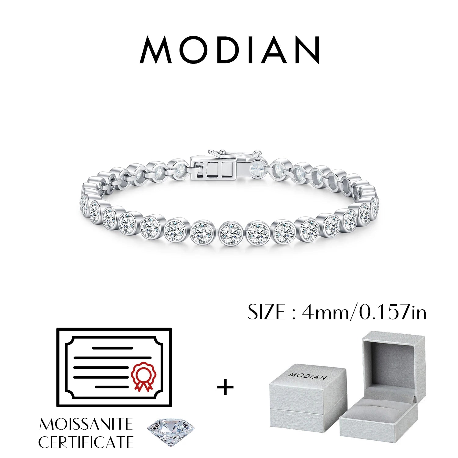 MODIAN D VVS1 Round Moissanite Tennis Bracelet 3mm/4mm/5mm 925 Sterling Silver Tennis Stackable Bracelets for Women Men Jewelry
