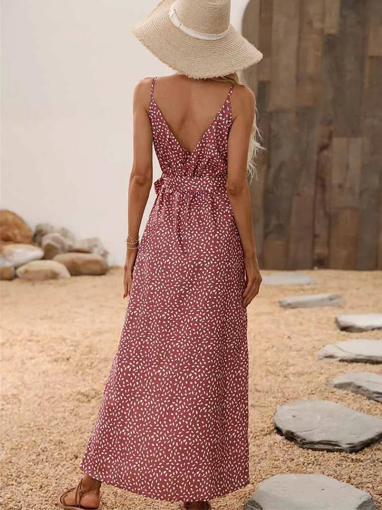 Summer Floral Print Long Dress Women Sexy Backless Bandage Slit Beach Sundresses Casual Elegant Black V Neck Sleeveless Dress