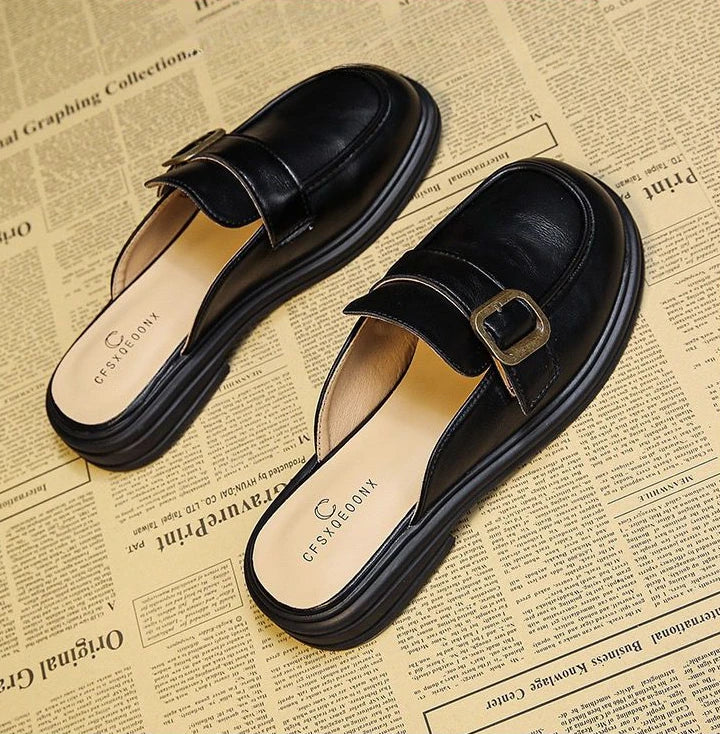Leather Women's Slippers And Ladies Sandals Round Toe Mules Shoes Black Slides On Promotion Youthful Emo Sale Easy Wears Eva 39