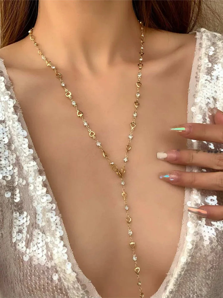 New Luxury Zircon Long Tassel Necklaces for Women Bohemian Shiny Gold Color Heart Crystal Choker Party Jewelry Accessories 2025
