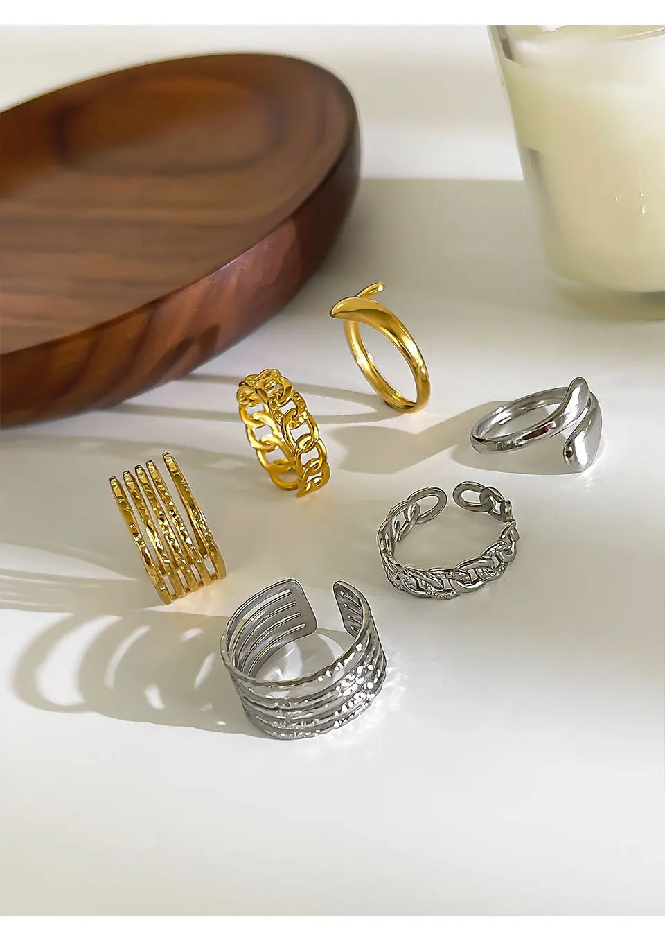 Peri'sbox 3pcs Stainless Steel Waterproof Women Rings Multi-layer Metal Texture Geometric Chain Open Ring Fashion Party Jewelry